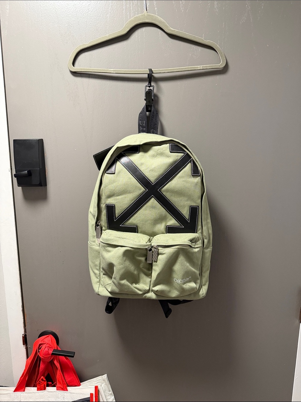 Off-White Olive Green Canvas Backpack with Black Arrow Motif